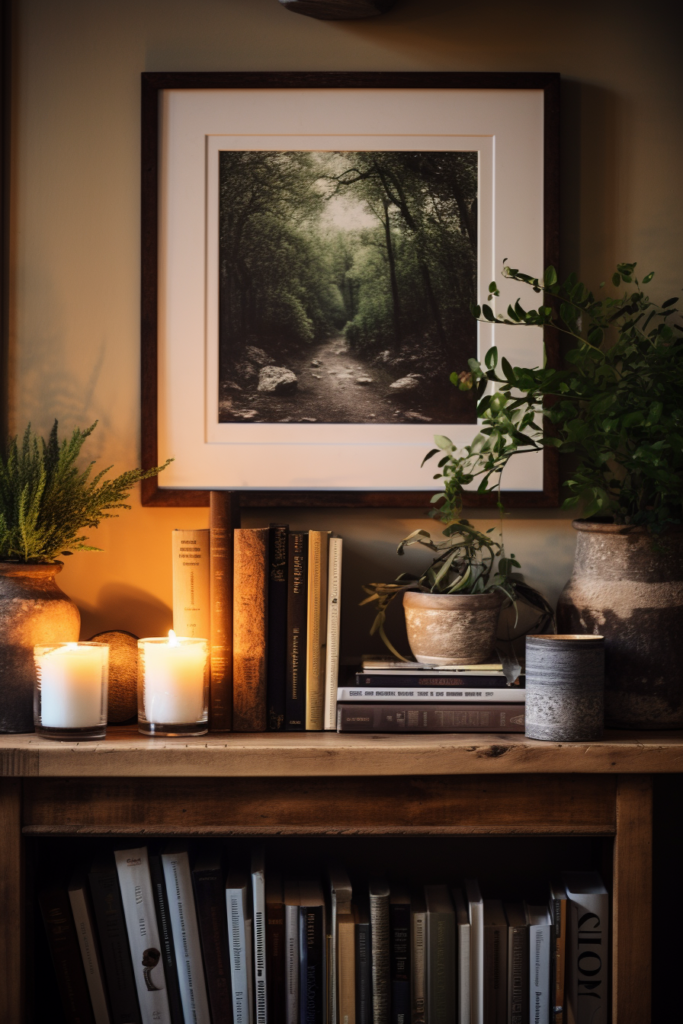 Create the perfect cozy home retreat with a bookcase adorned with candles and a framed photograph. This winter decor addition will bring hygge vibes to any room.