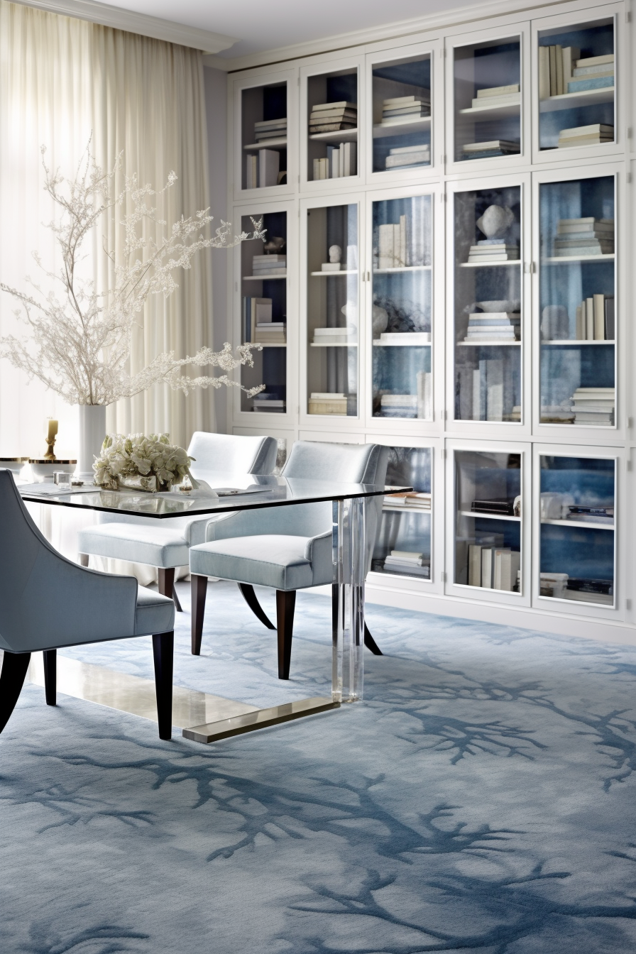 A dining room with blue carpet and a glass table in cool tones.