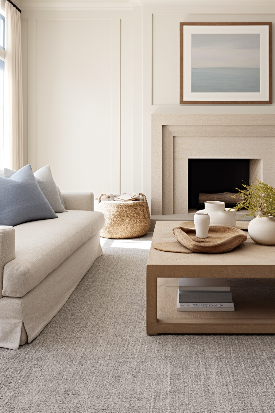 A living room with white furniture, a fireplace, and cool tones.