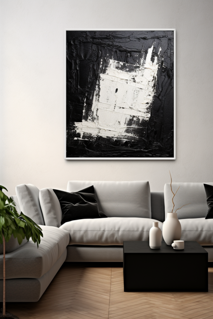 A stunning black and white painting hangs above a couch, elevating the living room decor.