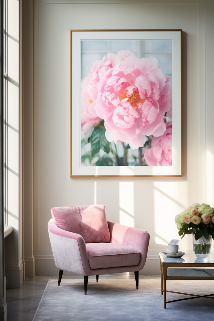 Elevate your living room with stunning decor featuring a pink chair and a framed pink peony, creating a perfect blend of large wall art ideas.