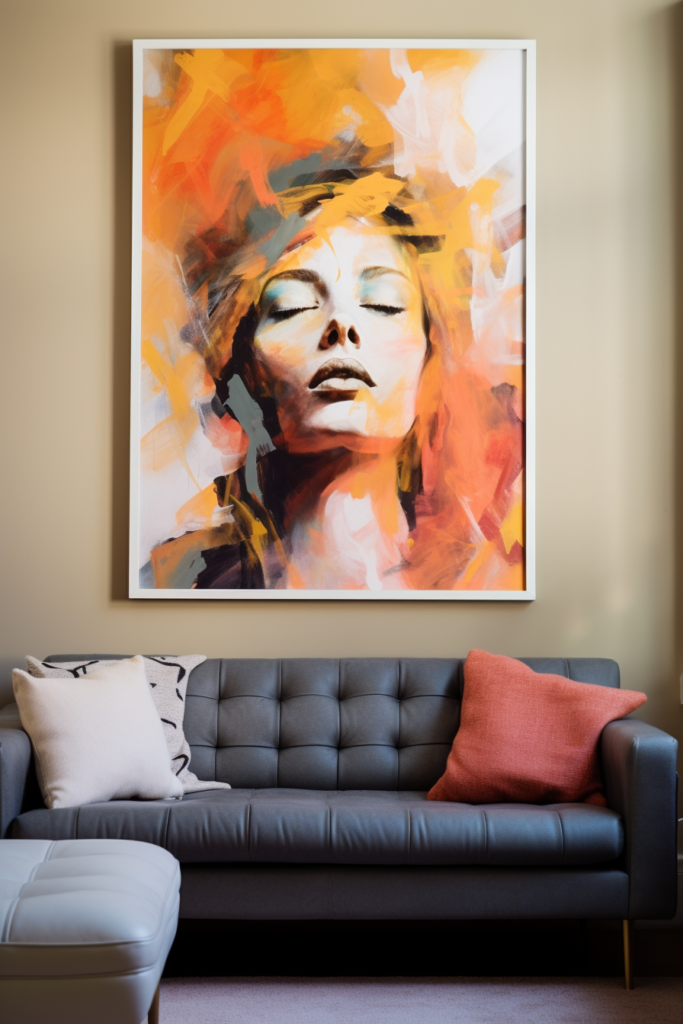 Elevate your living room decor with a large wall art of a woman's face hanging above the couch.