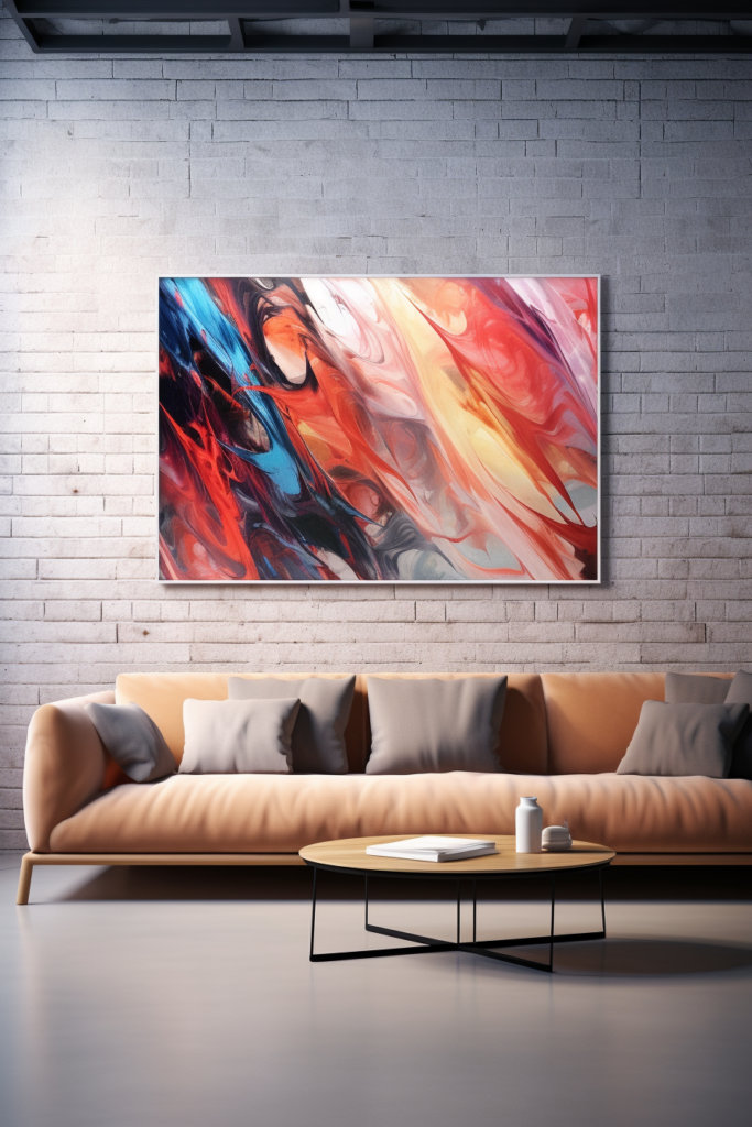 A modern interior design features an abstract painting as large wall art above a couch in the living room.