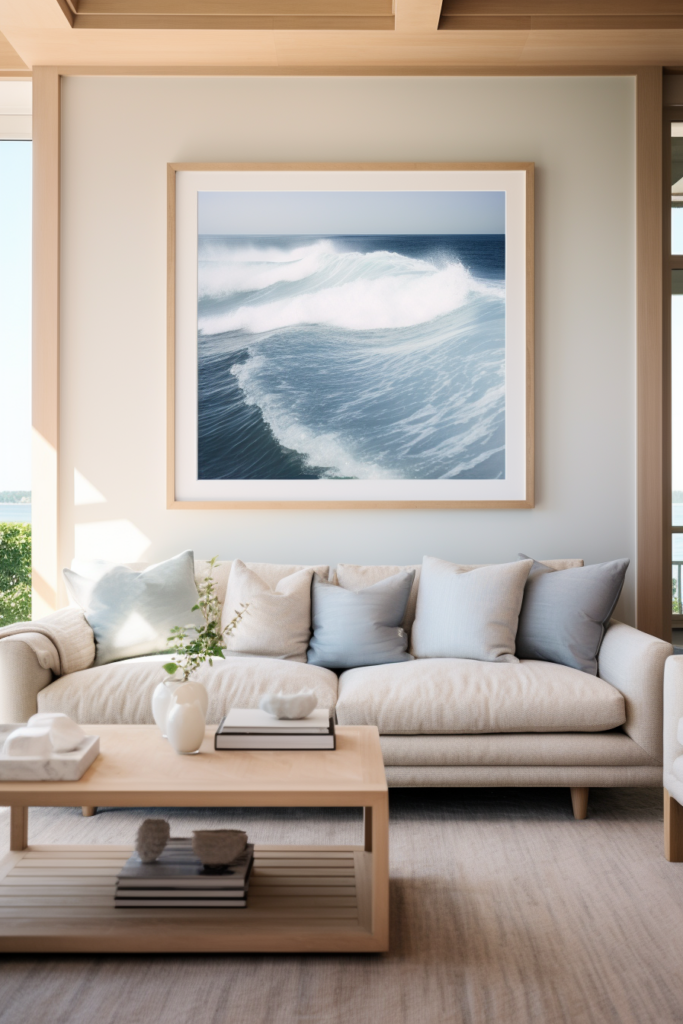 A modern living room adorned with a large framed photo of a wave, serving as a captivating piece of large wall art.