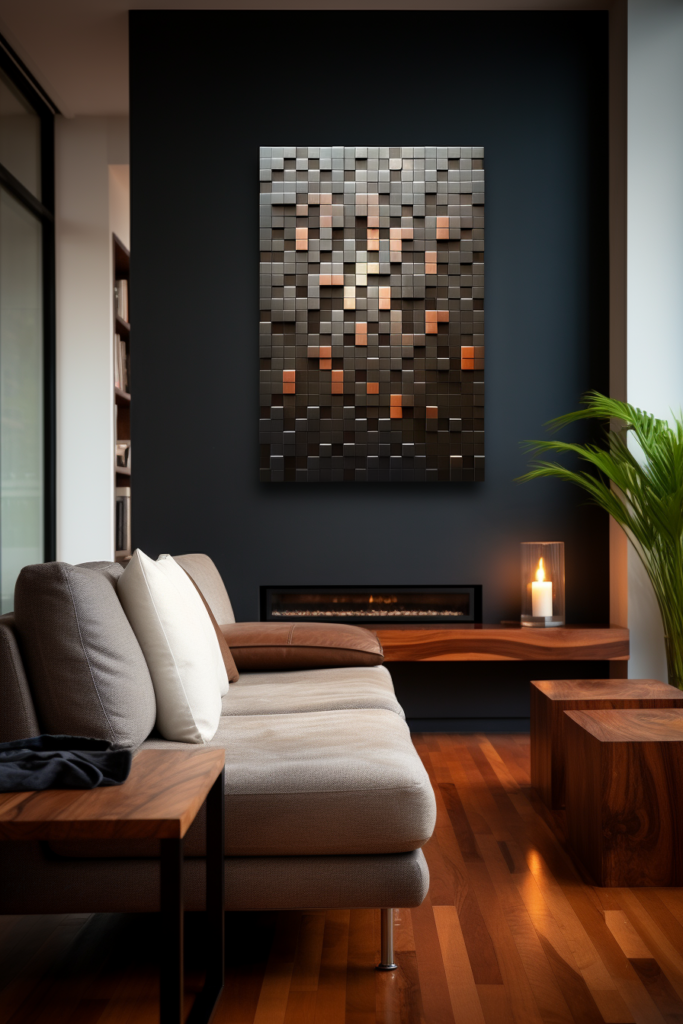 A modern living room with a large Wood Wall Art.