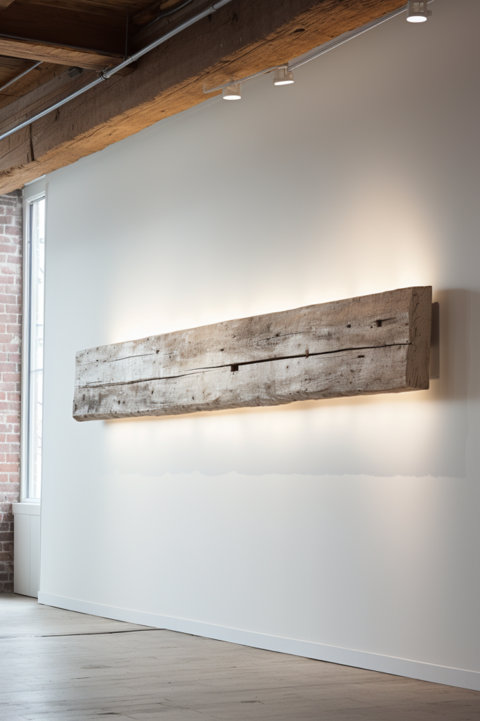 Timeless interior design featuring a large wood wall art.