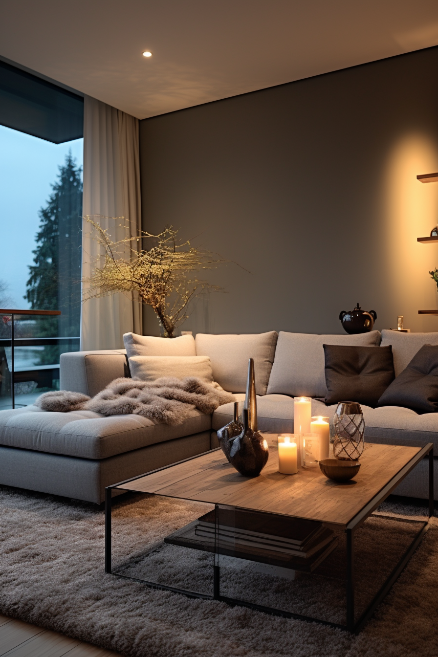 A minimalist living room with cozy lighting from candles.