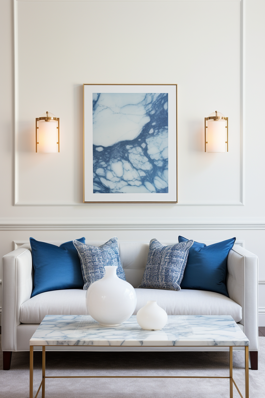 A cozy white couch with blue pillows and a minimalist white coffee table with a white vase on top.