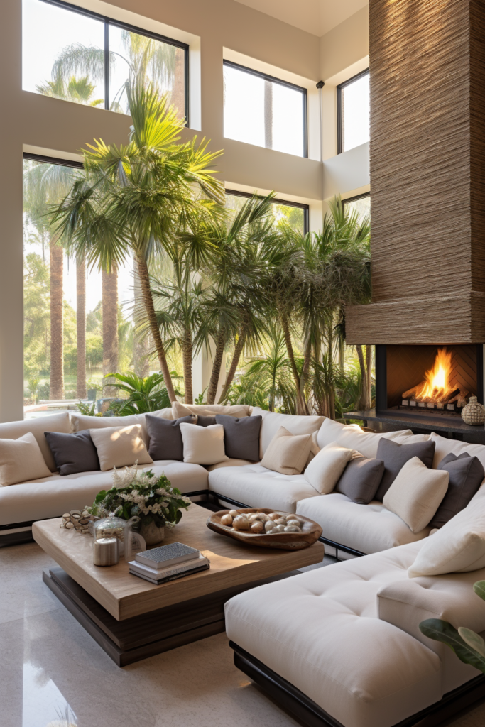 Designing a cozy living room with white sectionals and a fireplace.