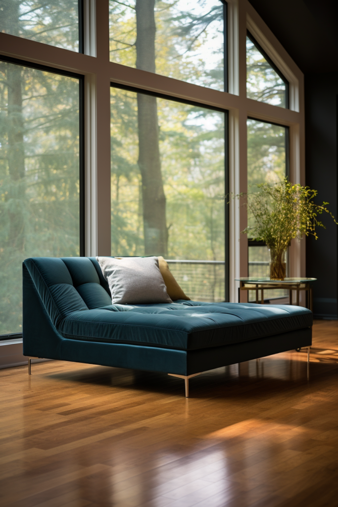 A cozy living room with a blue sofa in front of a large window.