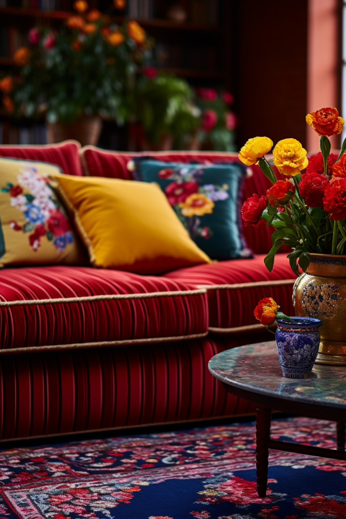 A cozy living room with a red couch and flowers, perfect for designing the ideal space with sectionals.