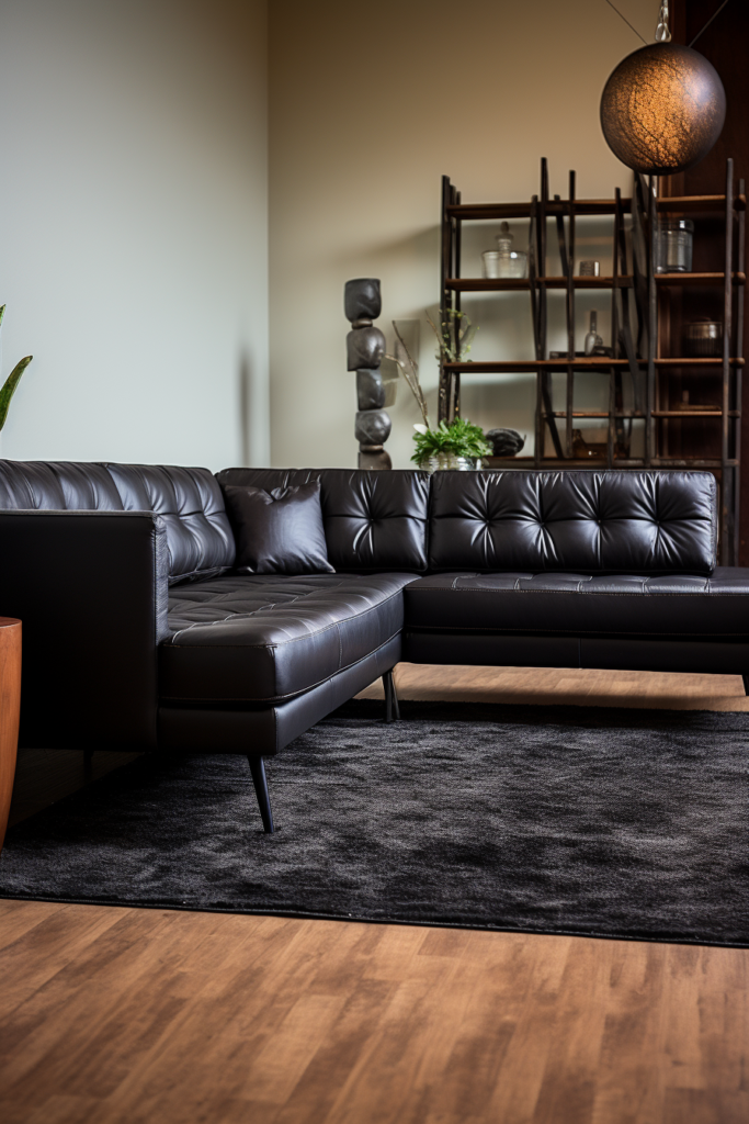 A cozy living room with a black leather sectional sofa.