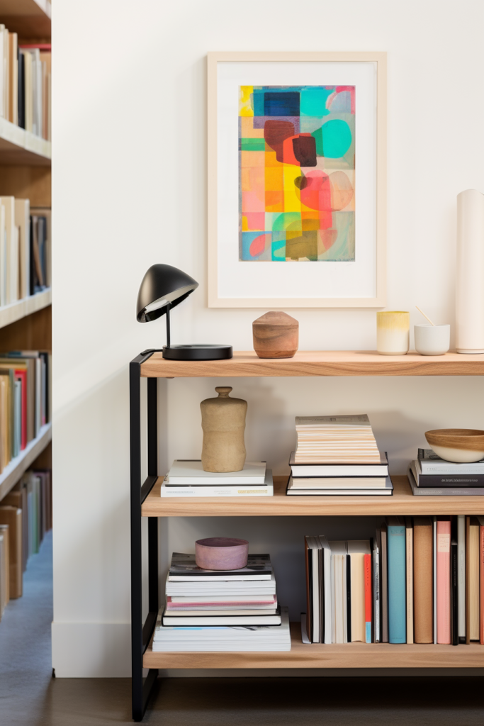 A modern bookcase with a colorful painting in front, adding a pop of color to the clean and elegant space.