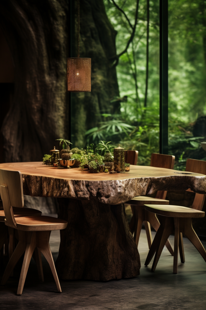 A minimalist living room with a wooden table and chairs, situated against the backdrop of a serene tree.