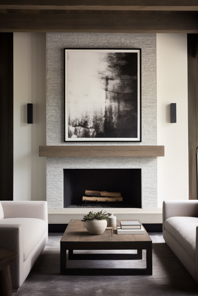 A modern and streamlined living room with a fireplace, exuding serenity and clean elegance.