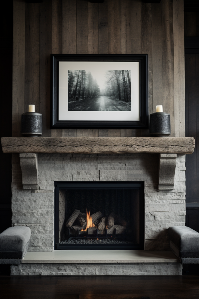 A minimalist fireplace with a framed picture above it, perfect for a modern living room.