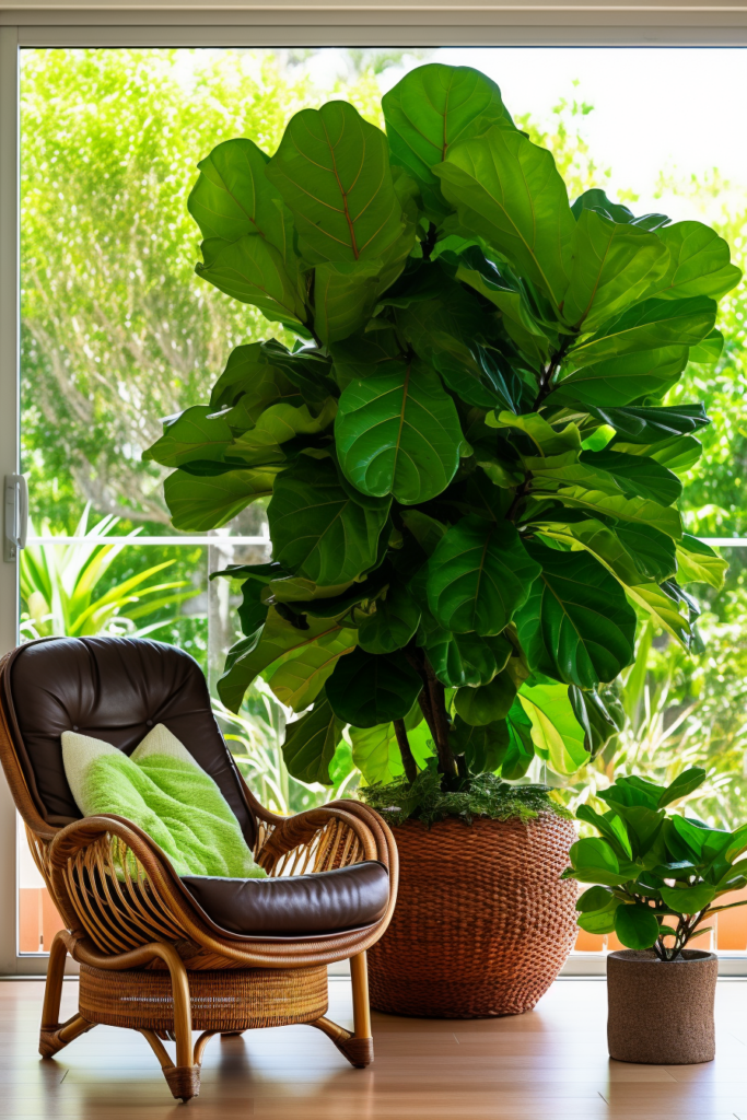A modern wicker chair in front of a large potted plant.