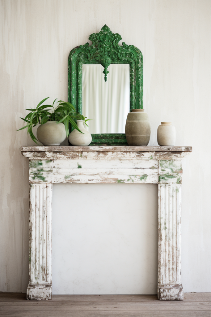 Transform your living room into a modern minimalist oasis with a sleek fireplace mantle adorned with a striking green mirror and tastefully arranged potted plants.