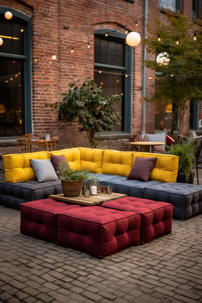 A colorful outdoor sofa set on a brick patio, creating a streamlined serenity in the clean and elegant space.