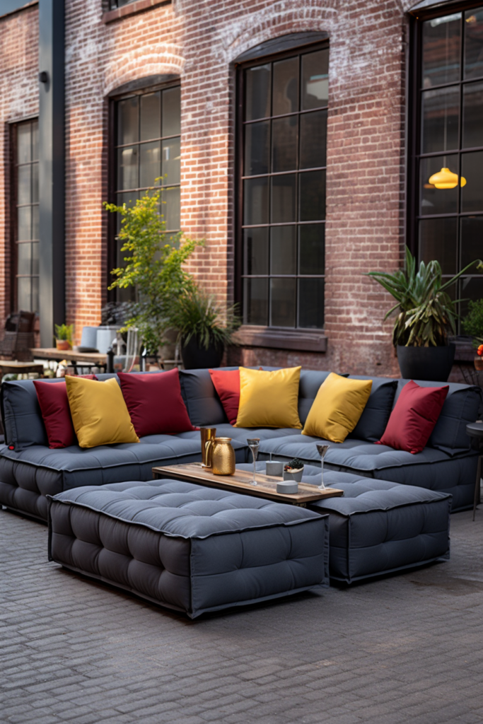 A clean and elegant sectional sofa with pillows on a brick patio.