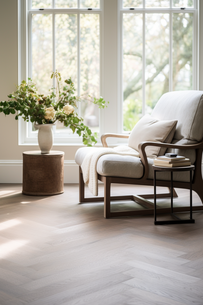 A modern living room with white herringbone flooring.