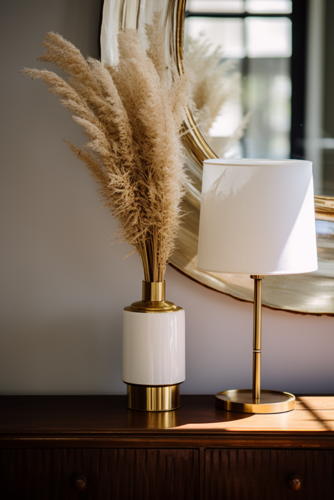 A clean and elegant gold vase sits atop a table, positioned next to a sleek mirror, emanating a sense of streamlined serenity.