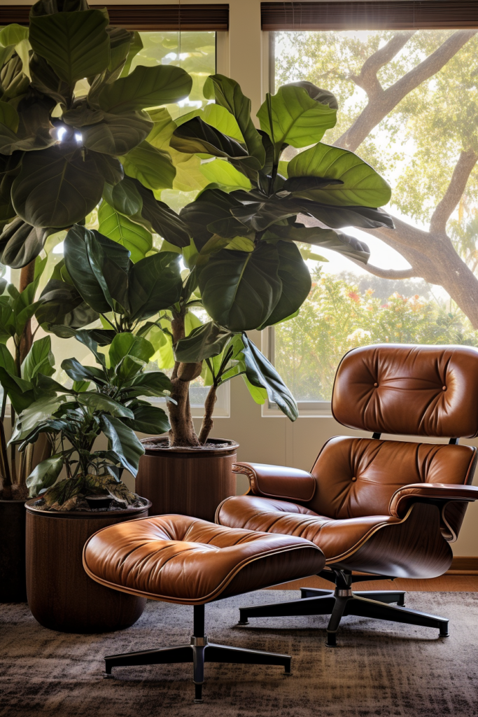 An eames lounge chair in a minimalist living room with a large plant.