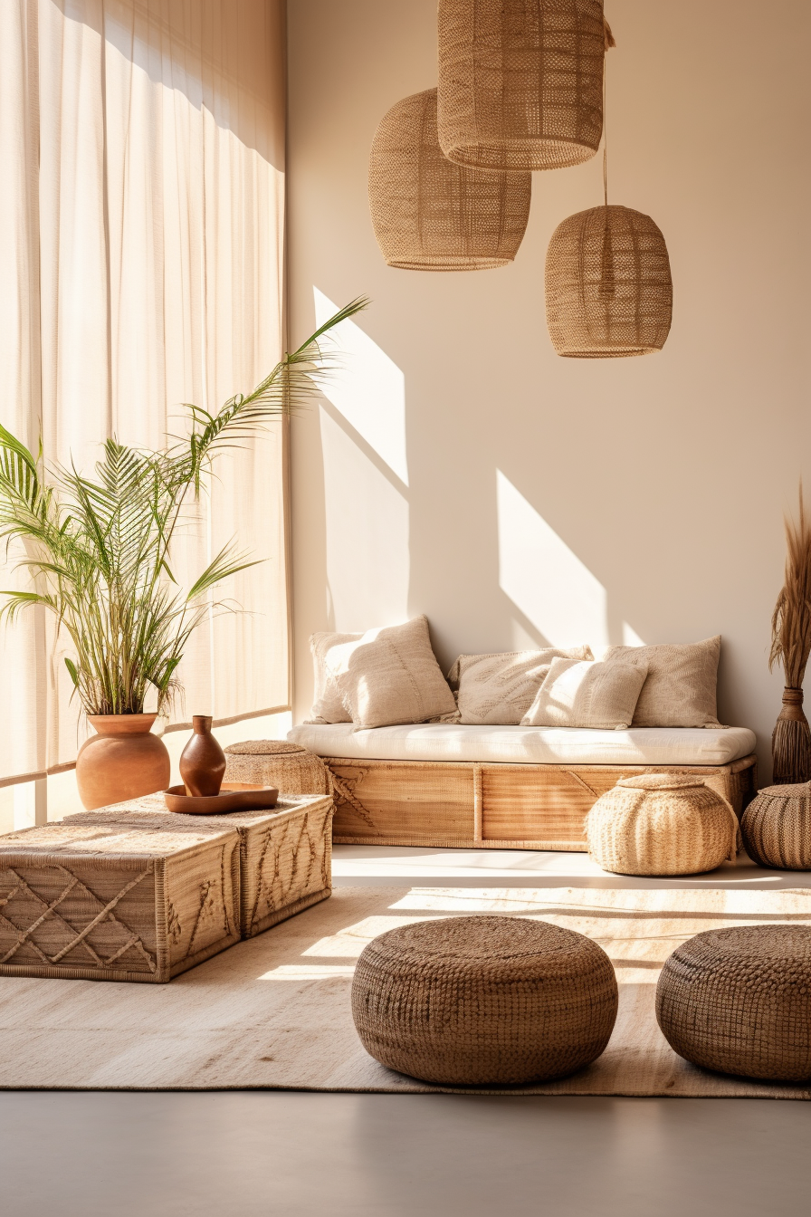A cozy living room with rattan furniture and wicker baskets, creating a minimalistic and multifunctional space.