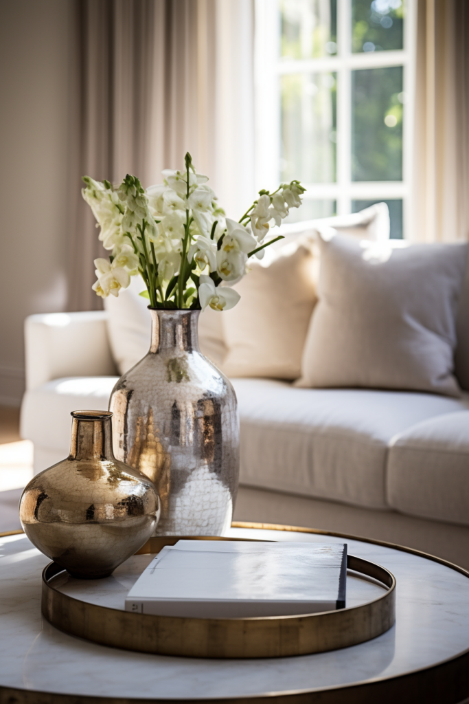 A minimalist vase of neutral flowers on a table in a living room, creating a haven-like atmosphere.