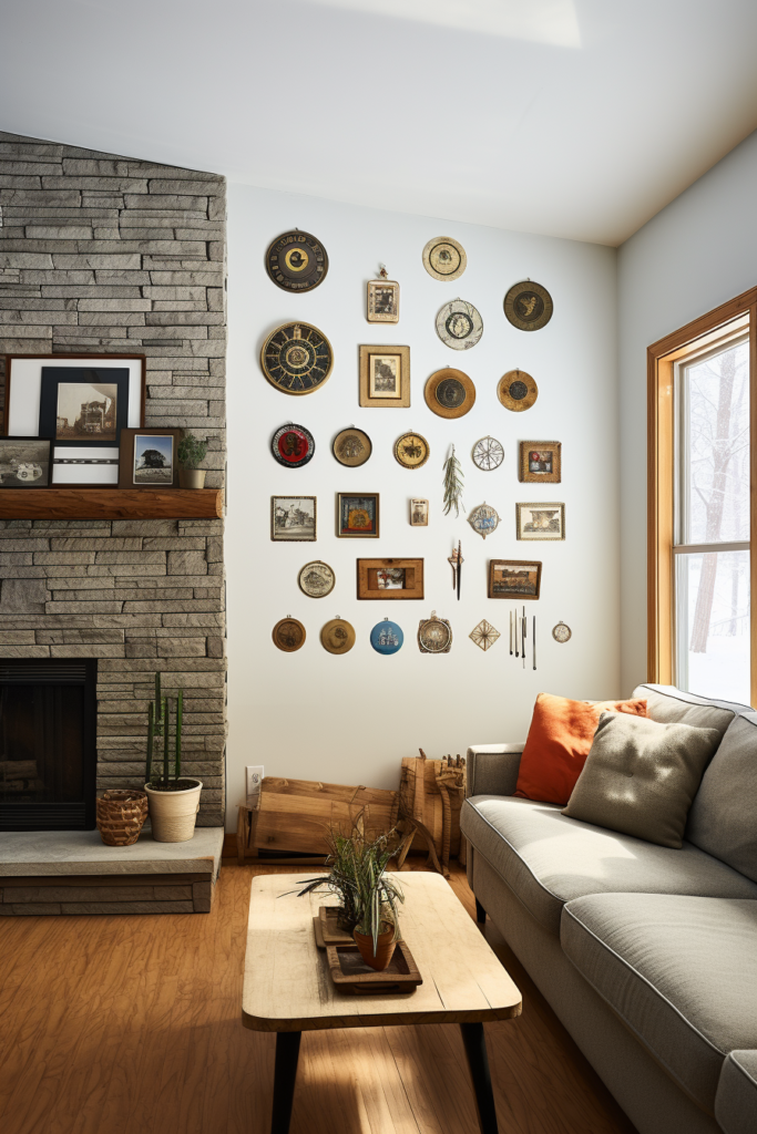 A living room with a personal touch, filled with lots of pictures on the wall.