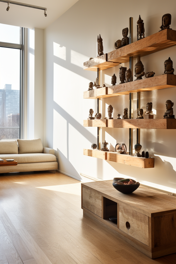 Add a personal touch to your living room with minimalist decor featuring wooden shelves that hold sentimental value.