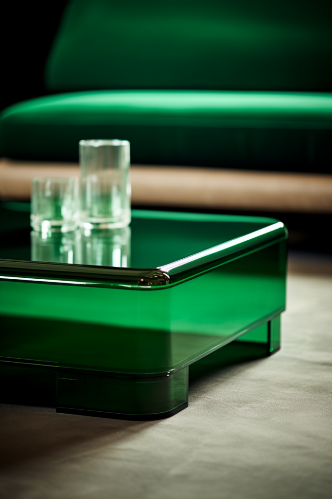 A modern and sleek green glass coffee table on top of a chic couch.