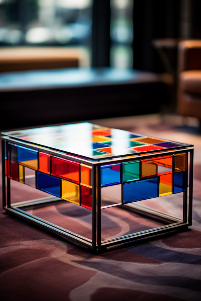A sleek and modern glass coffee table in a living room.