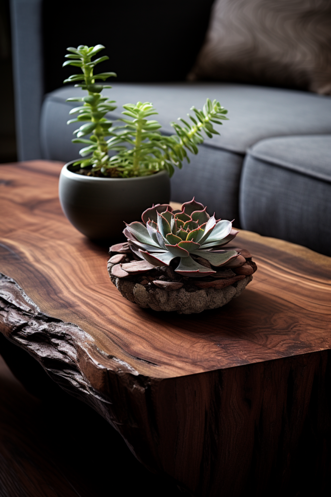 A modern coffee table with a sleek plant.