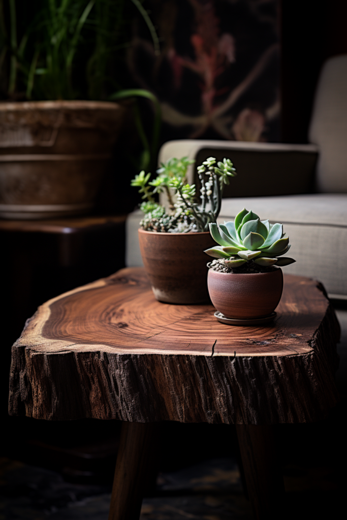 Two modern potted plants on a coffee table.