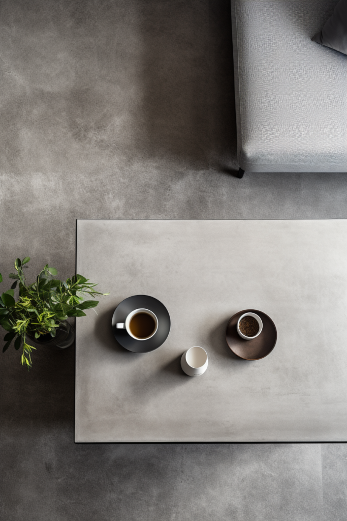 A sleek coffee table with modern coffee cups and a chic plant on it.