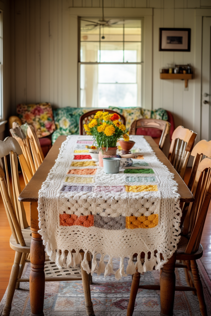 A stylish rectangular dining table with a colorful tablecloth and chairs.