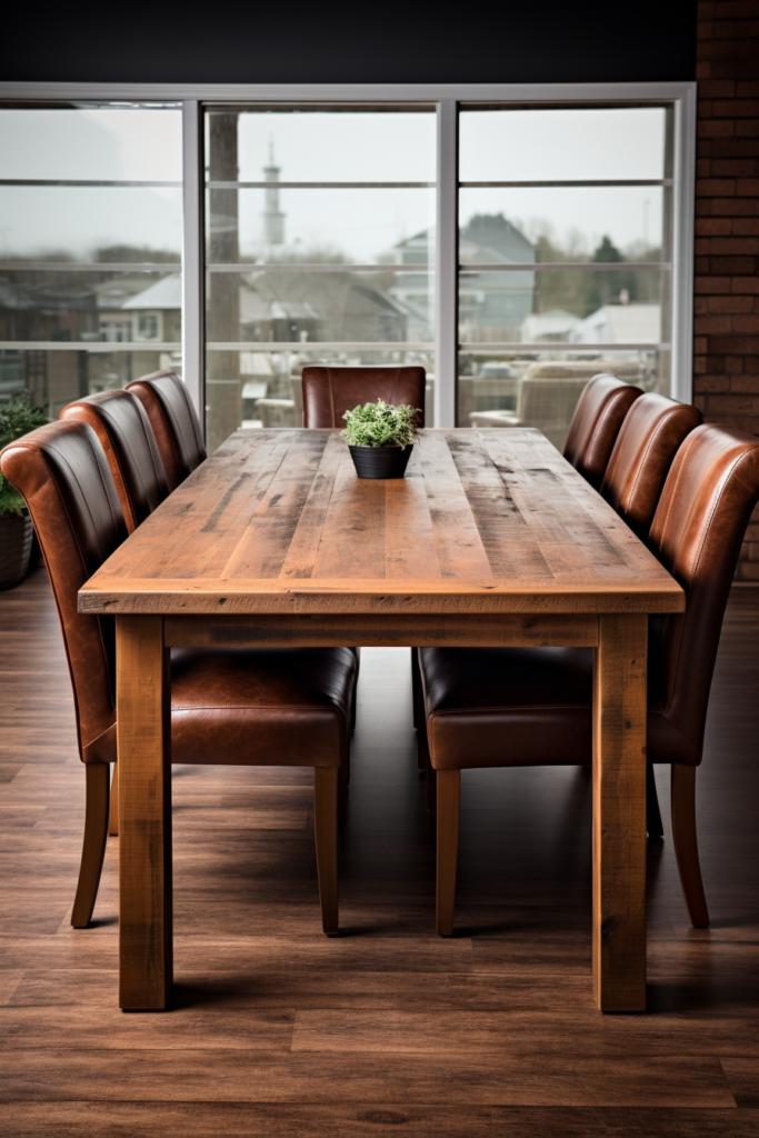 A stylish wooden rectangular dining table in a room with contemporary leather chairs.