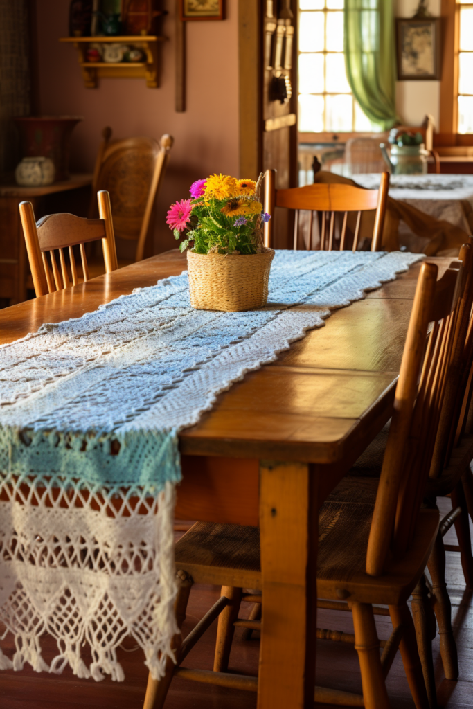 A stylish rectangular dining table with a lace runner.