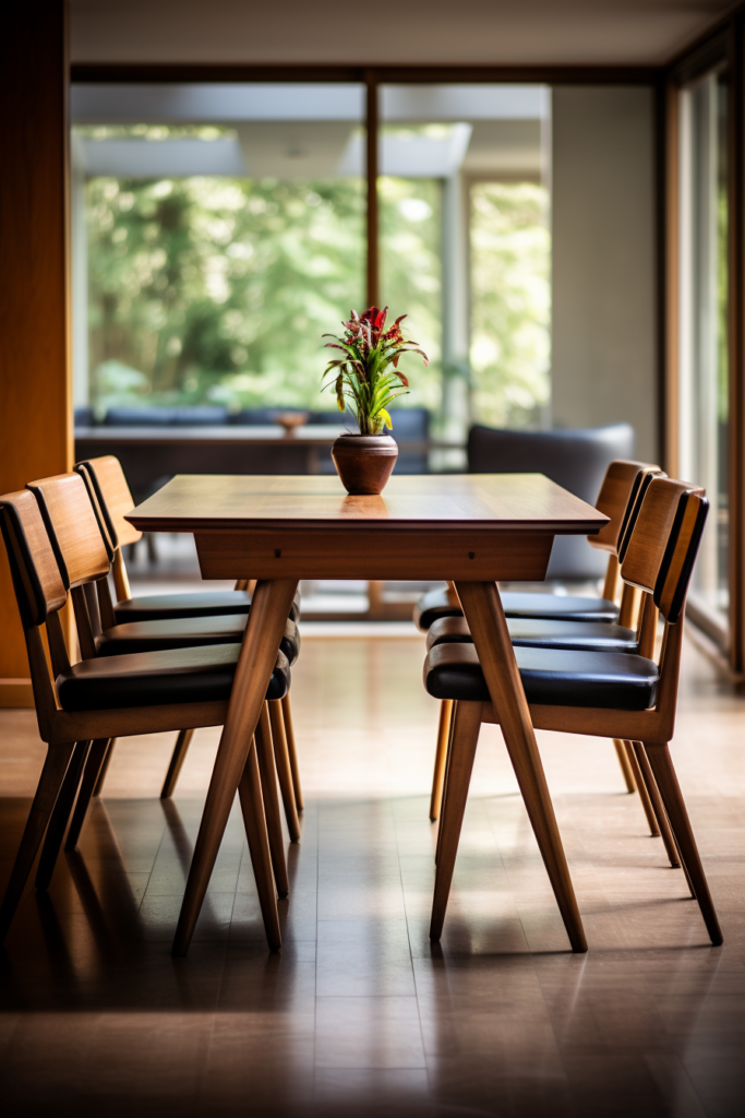 A contemporary dining room with a stylish rectangular dining table and chairs.