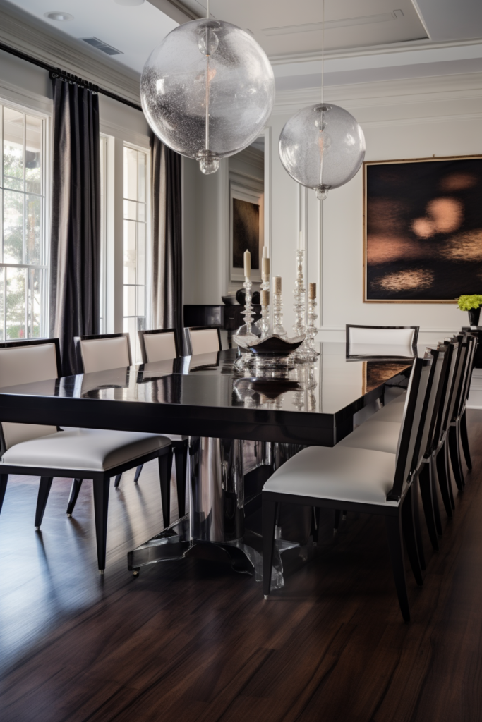 A contemporary dining room with a stylish rectangular black table and chairs.
