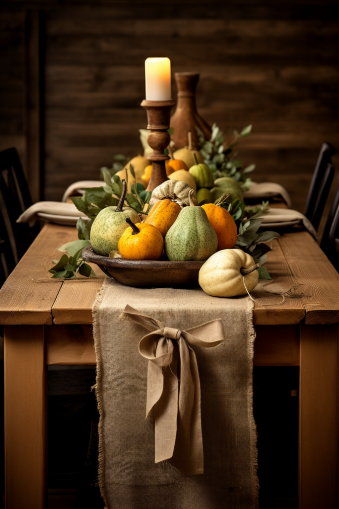 Stylish Thanksgiving table setting with pumpkins and pears on a contemporary dining table.