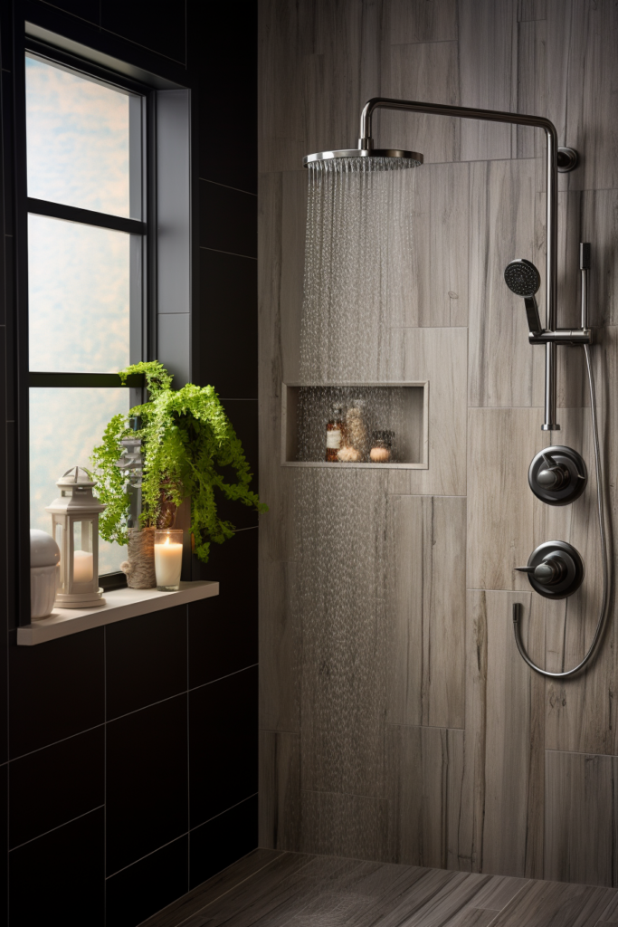 This rustic retreat bathroom features a black shower head and a window, creating a stunning black and wood design.