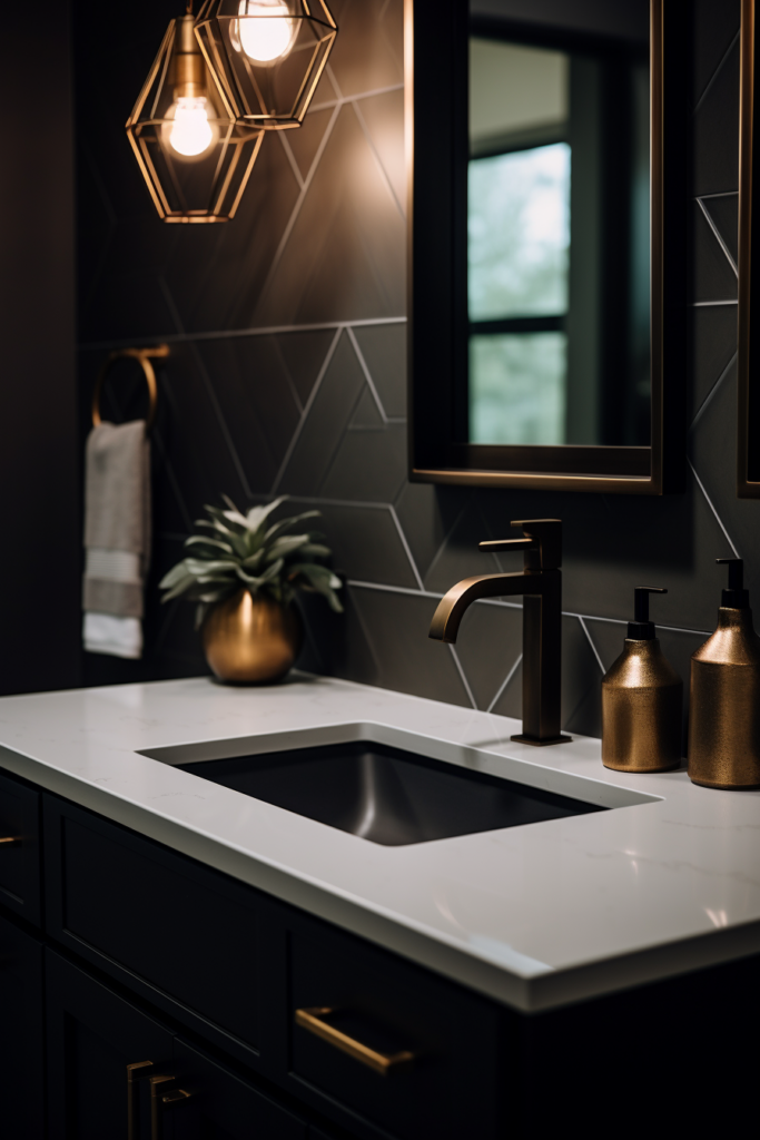 A black and wood bathroom with gold fixtures, exuding timeless charm in a rustic retreat.