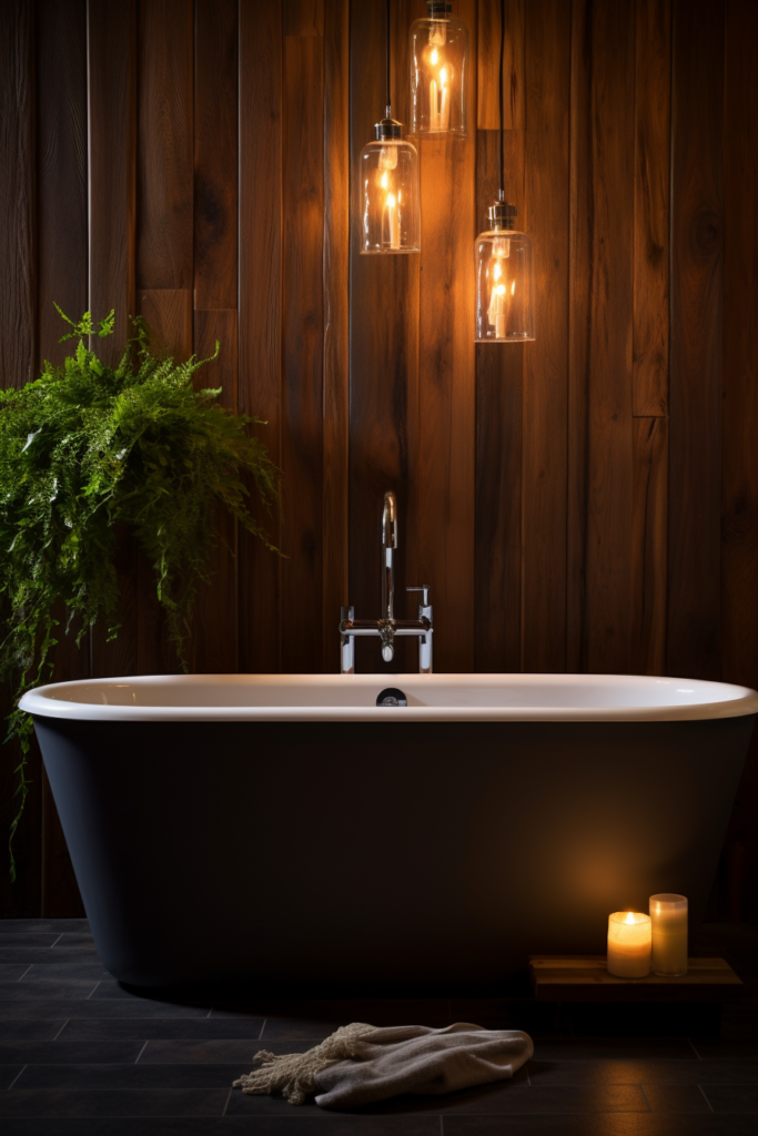 A rustic black bathtub in a wooden bathroom.