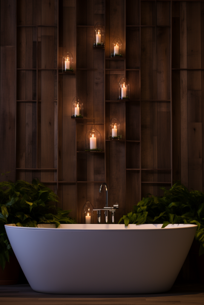 A bathtub with candles in front of a rustic wooden wall.