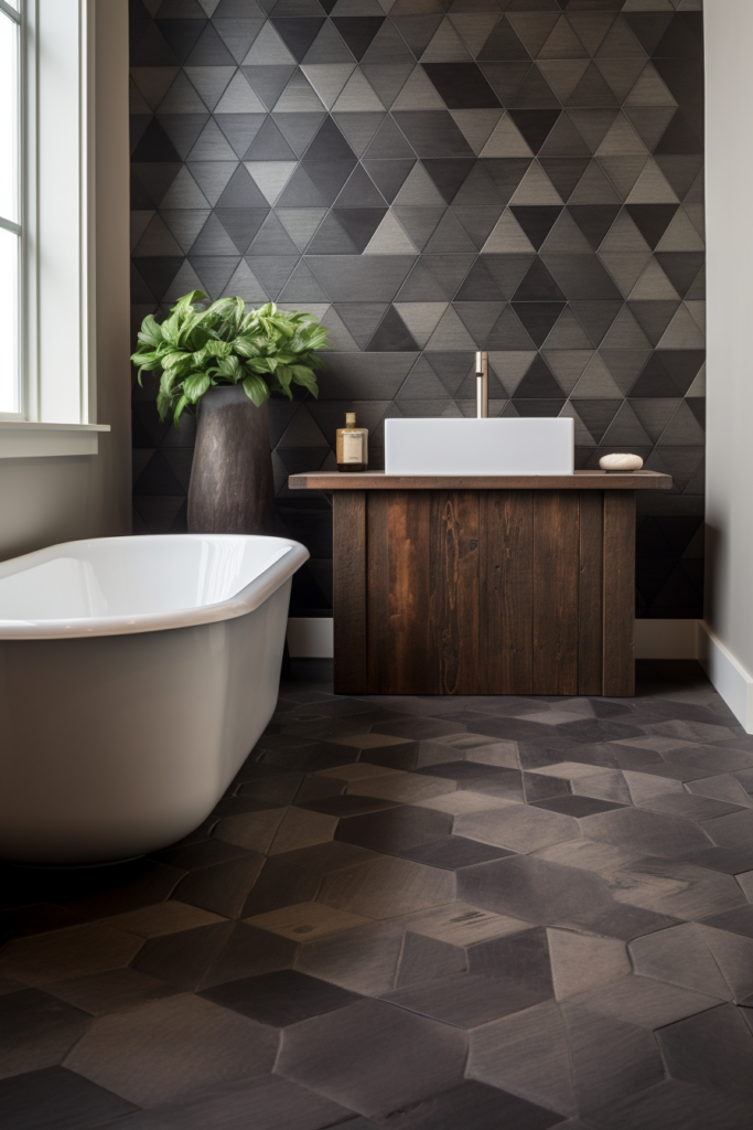 A charming bathroom with a rustic black and white tiled wall.