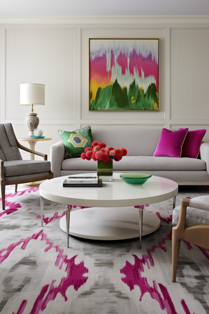 A living room with a pink rug and white furniture decorated with style strategies.