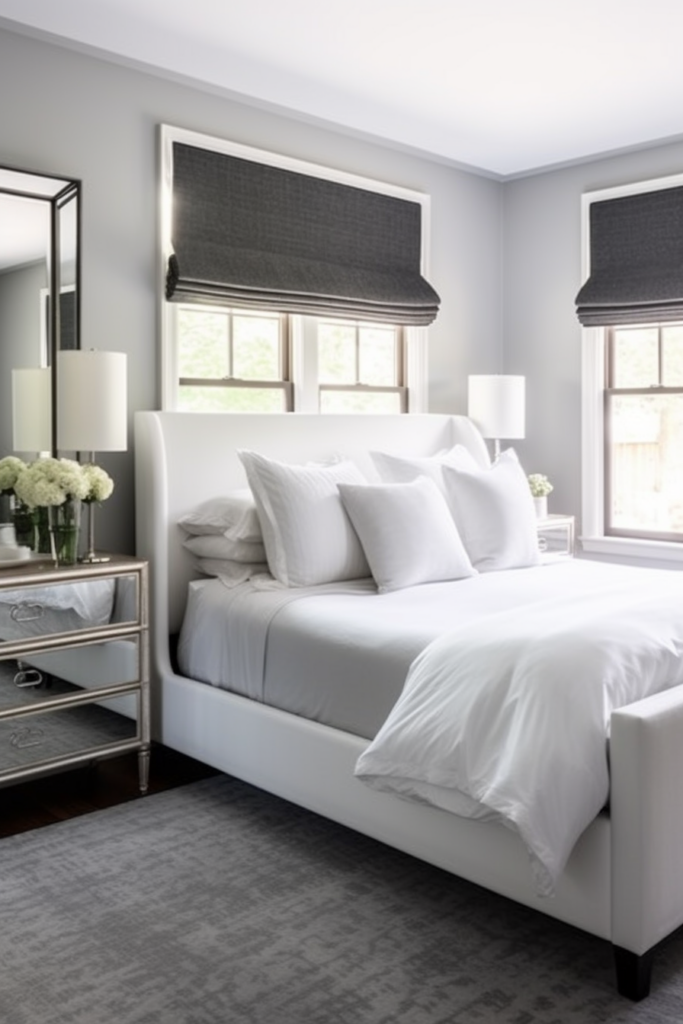 A white and gray bedroom with a bed, dresser and mirror.