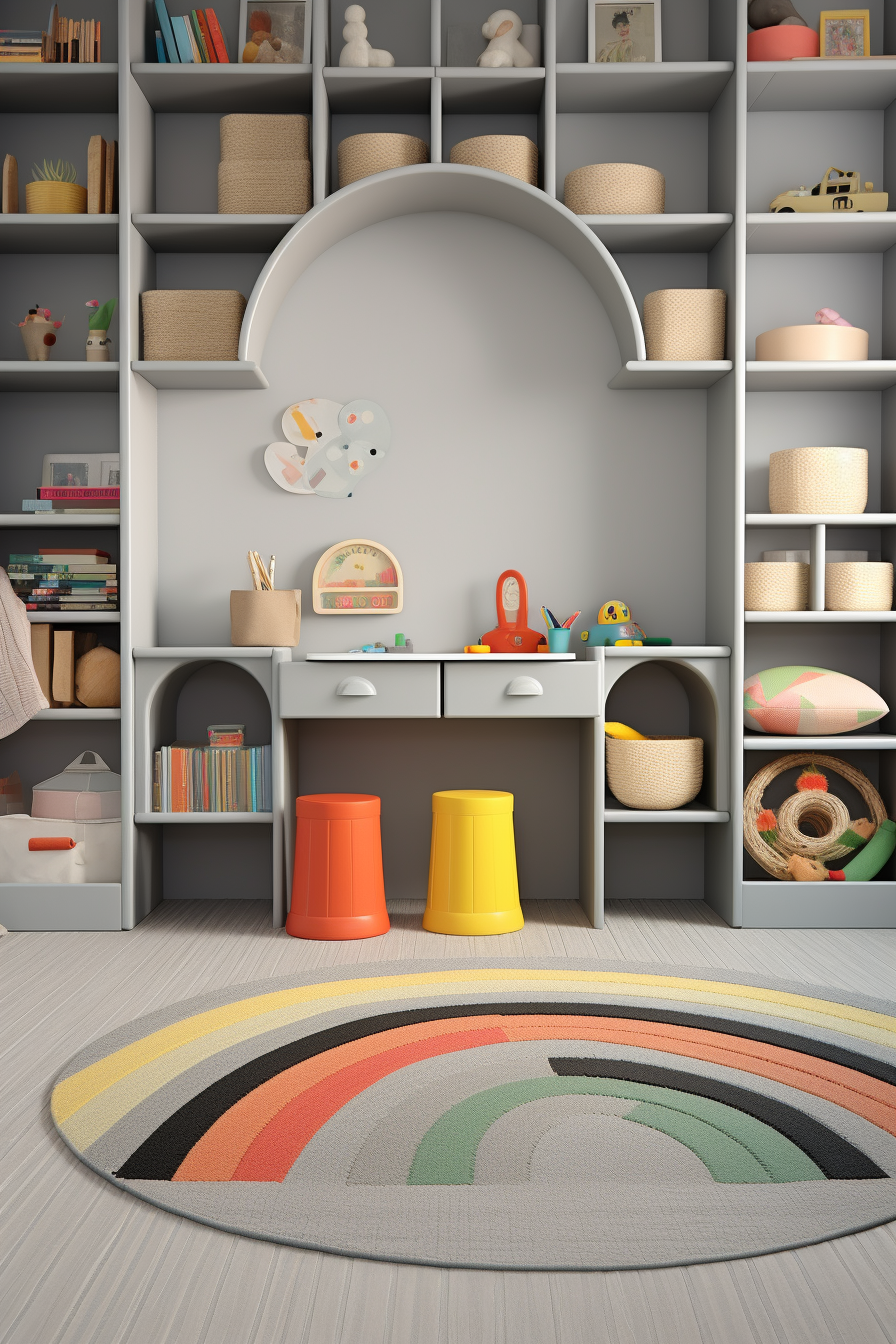 A child's room with stylish options for flooring and colorful shelves.
